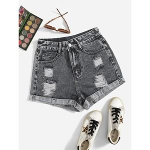 Roll Up Hem Ripped Denim Shorts Distressed black
